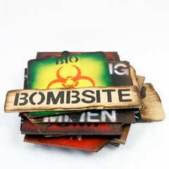 'Bombsite' Sign. Wooden - Gen-2. New. Black / Tan.